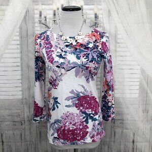 Joules Top US 2 Floral Striped 3/4 Sleeve Shirt White Pink 100% Cotton Pullover